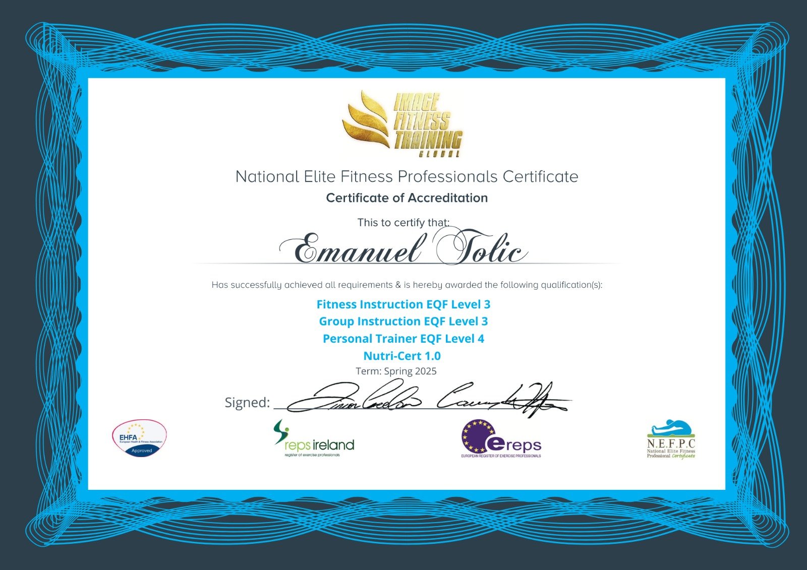 Emanuel Tolić’s National Elite Fitness Professionals Certificate of Accreditation